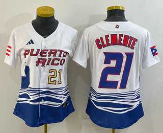 Womens Puerto Rico Baseball #21 Roberto Clemente Number 2023 White World Classic Stitched Jersey